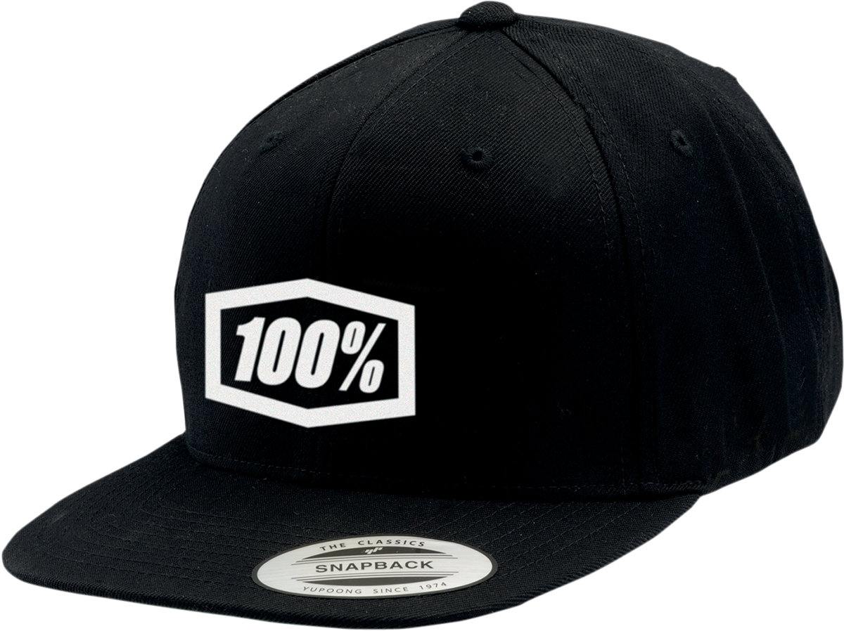 Bill's Exhausts 100% Icon snapback hat in black and white with embroidered logo, flat brim, adjustable strap, casual style.