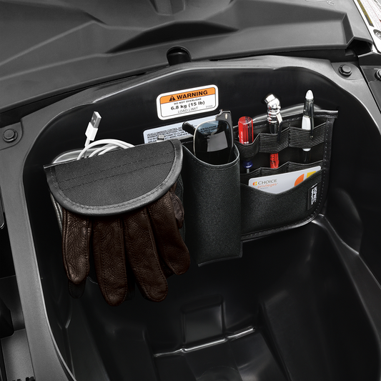 Engine trunk organizer from Bill's Exhausts, SHOW CHROME H40-306BK, featuring multiple compartments in black for vehicle storage.