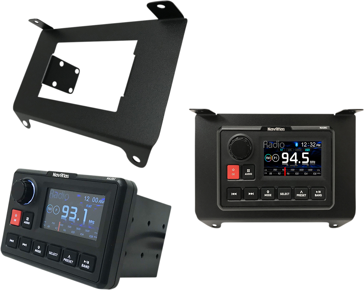 Bill's Exhausts NAVATLAS Radio Kit with mount for RZR Turbo RZR1ZONE1 engine, showing the radio device and mounting hardware.