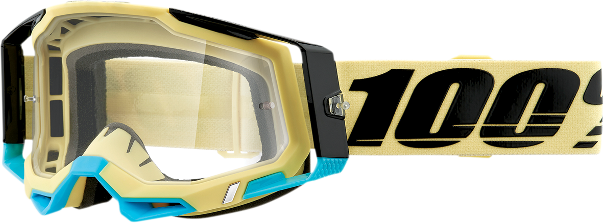 Clear 100% Racecraft 2 Airblast goggles by Bill's Exhausts, featuring a sleek design with adjustable strap and ventilation for racing.