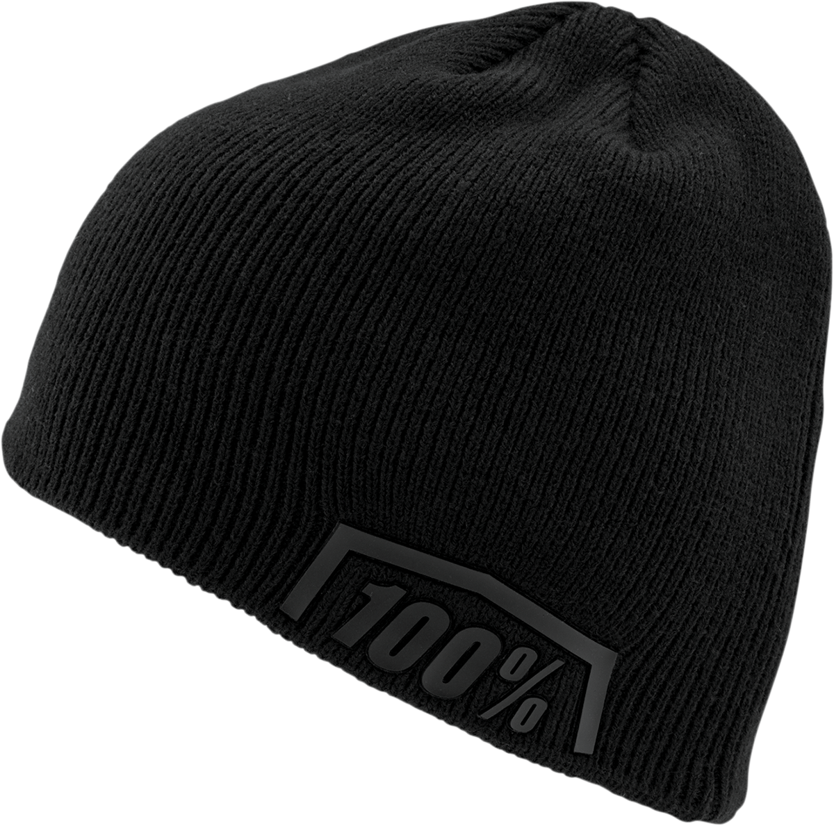 Black 100% Essential™ beanie by Bill's Exhausts, close-up view showing soft knit fabric and snug fit.