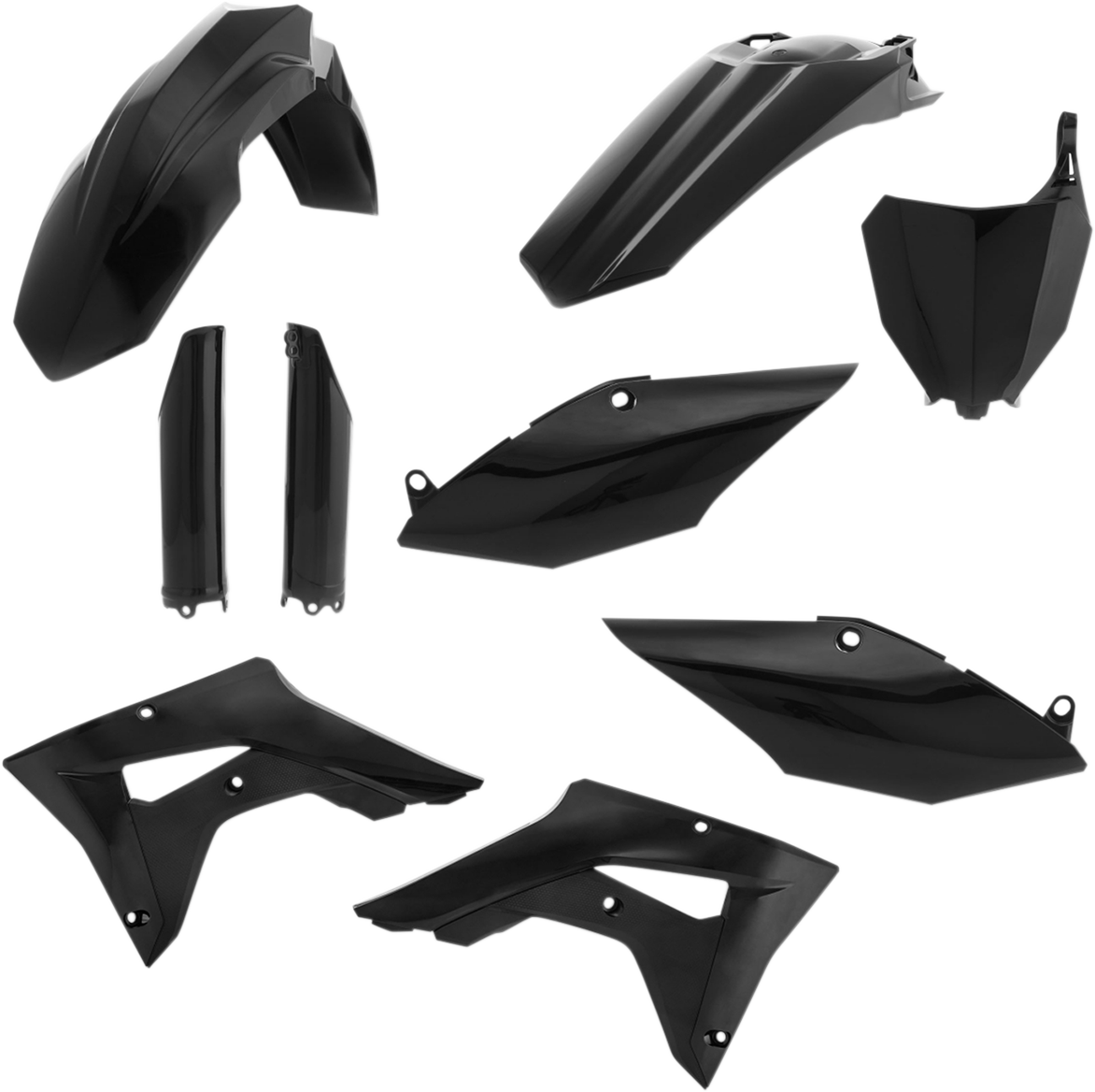 A black Acerbis full replacement body kit for motorcycles, showcasing sleek and durable body panels on a white background.