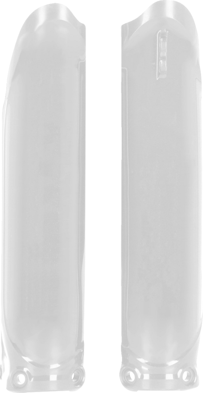 White Acerbis lower fork cover for Yamaha YZ450F 2023 motorcycle, designed to protect the lower fork area.