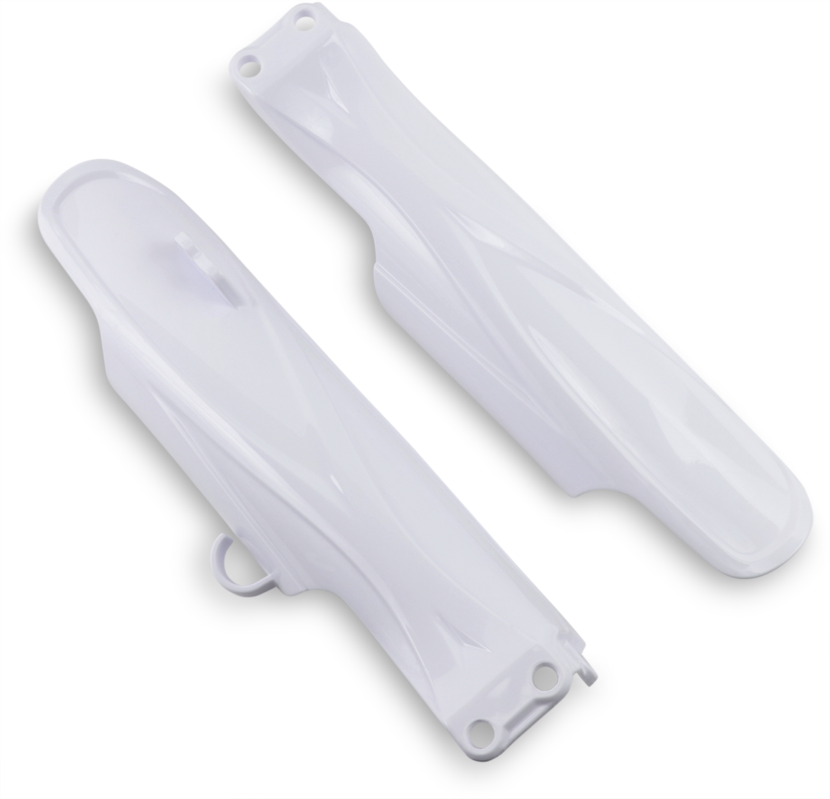 Acerbis lower fork covers in white, designed for motorcycle suspension protection, with a sleek body shape and branding details.