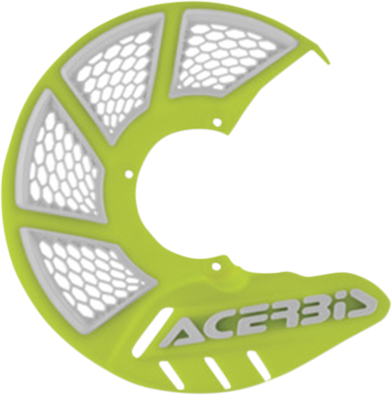 Acerbis X-Brake disc cover in fluorescent yellow and white, designed for motorcycle protection and style.