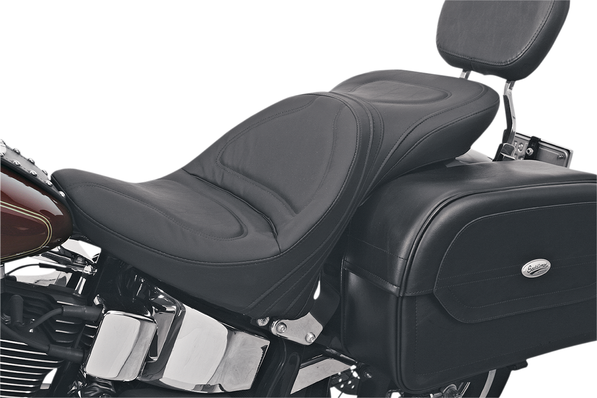 Black Saddlemens Explorer motorcycle seat without backrest, stitched design, compatible with Softail models, by Bill's Exhausts