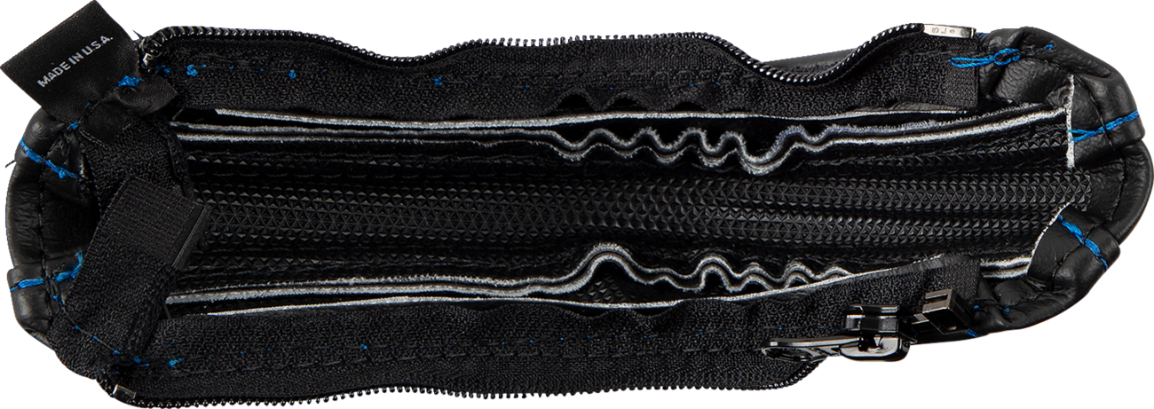 Blue stitch SHOW CHROME grab handle cover for engine from Bill's Exhausts, designed for a secure grip and stylish look.