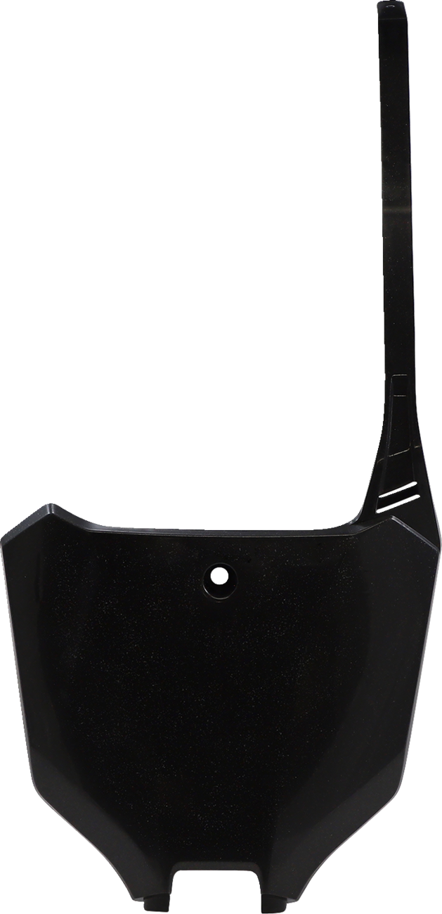 Black Acerbis front number plate mounted on a motorcycle body, designed for durability and a sleek appearance.
