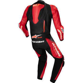 Alpinestars GP-R7 1-piece black and red leather motorcycle suit, US 52 / EU 62, displayed on a plain background.
