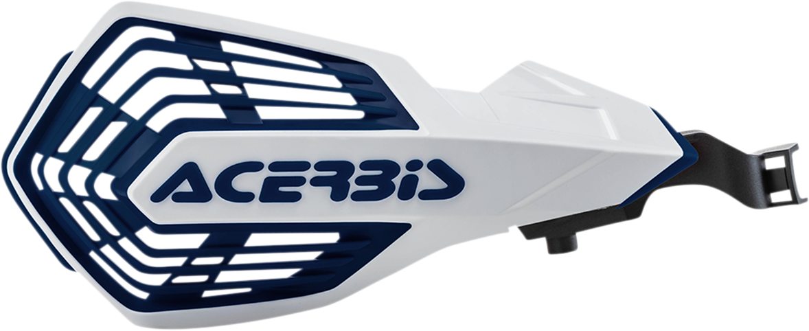 ACERBIS K-Future handguards in white and blue, designed for motorcycle handlebars, shown in a close-up image.