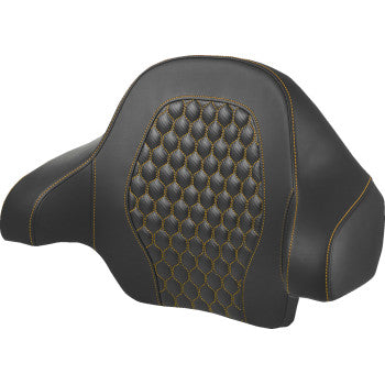 SADDLEMEN Tour Pack Backrest Pad in honeycomb design with gold stitching for Harley FL models 2014-2024, showing close-up detail.
