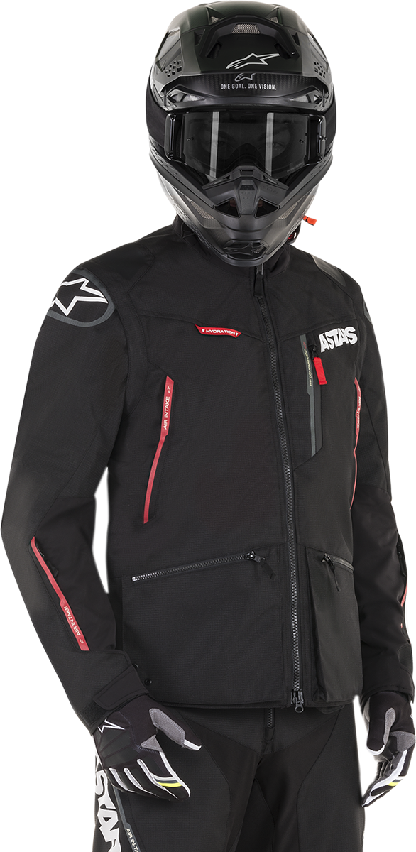 Black and red Alpinestars Venture-R jacket in medium size, showcasing the durable motorcycle jacket with brand logo and protective features.