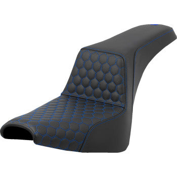 Bill's Exhausts SADDLEMEN Step-Up Seat in honeycomb with blue stitching for FXBB/FXST 2018-2024 motorcycles.