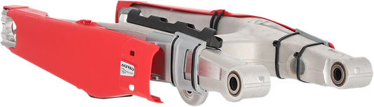 Red Acerbis Swing Arm Guard for motorcycle body protection, designed to fit various models for durable off-road riding.