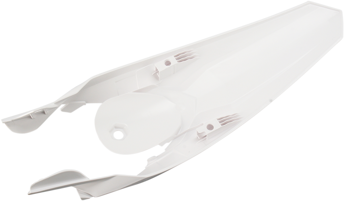 A white OEM Acerbis rear fender for motorcycle, designed as a body part with a smooth, curved shape and mounting points.