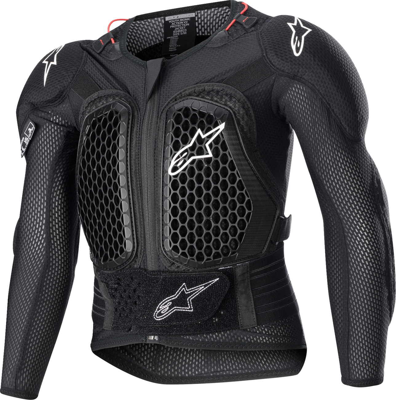 Alpinestars Youth Bionic Action V2 protective jacket in black, size small/medium, with padded bionic armor and adjustable straps.