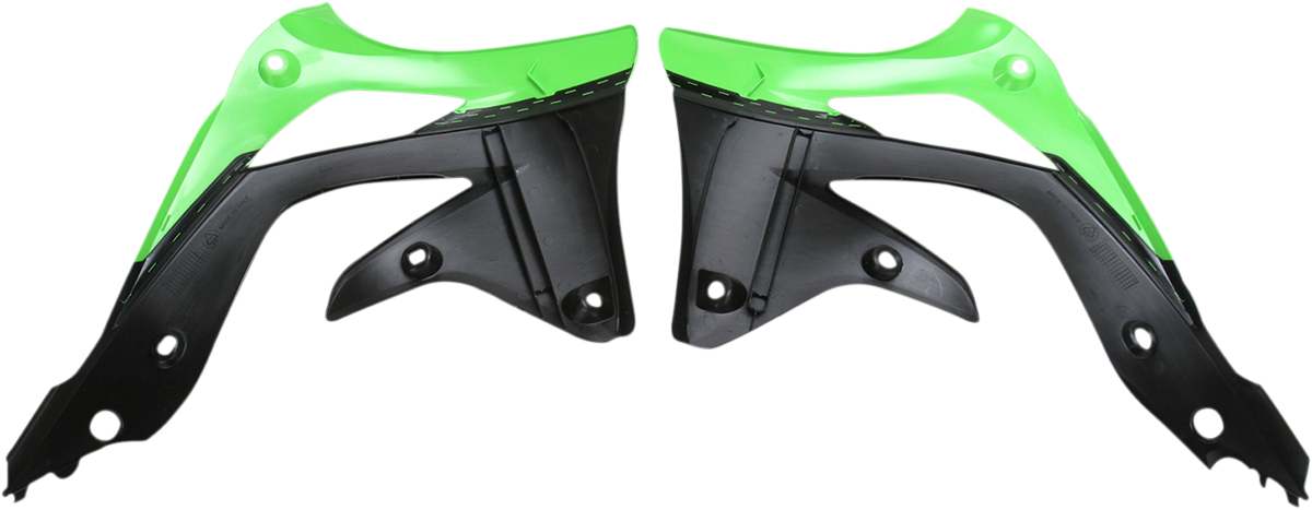 A set of ACERBIS radiator shrouds in green and black for motorcycle body protection, designed for durable and stylish fit.
