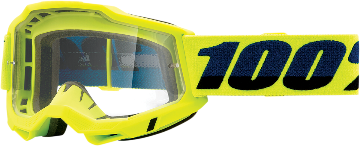 Bill's Exhausts 100% Accuri 2 goggles in fluo yellow with clear lenses, designed for visibility and style in sports or motor activities.