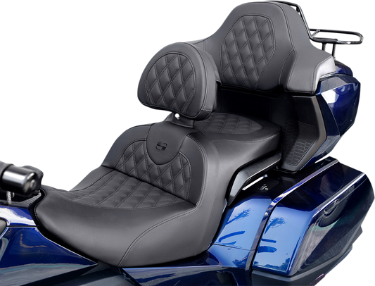 Black Saddlemens Roadsofa seat with full lattice stitching, designed for motorcycles, without backrest.