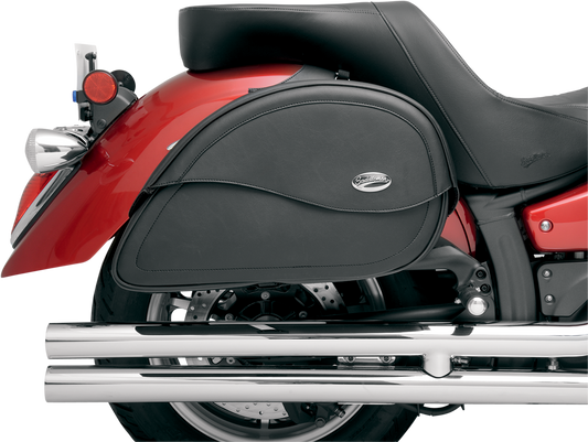Bill's Exhausts Cruis'n Teardrop Saddlebag for motorcycle seats, featuring durable leather and classic teardrop design.