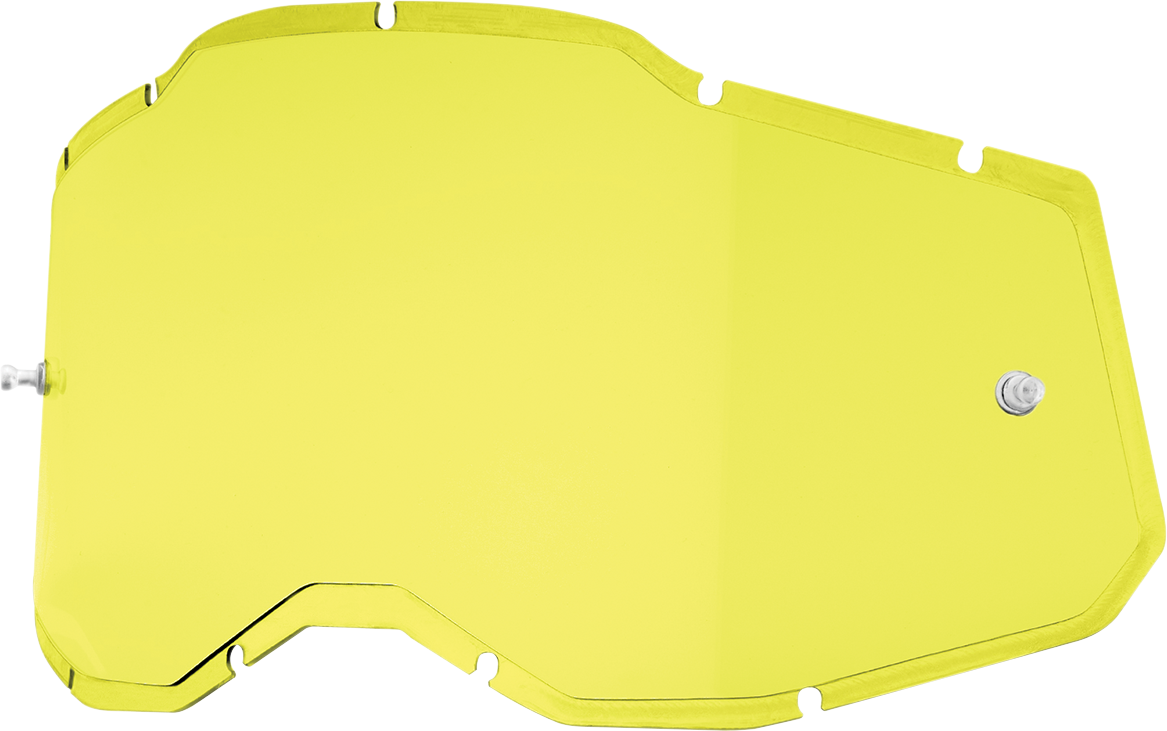 Yellow injected lens for Accuri 2, Racecraft 2, or Strata 2 helmets by Bill's Exhausts, shown in close-up view.