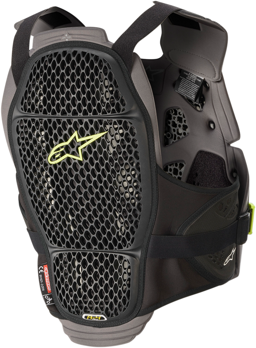 Alpinestars A-4 Max Chest Guard in black, anthracite, and yellow fluo with protective padding, size XL/2XL, on a neutral background.