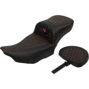 Bill's Exhausts SADDLEMEN Roadsofa™ extended reach motorcycle seat with backrest, honeycomb design, orange stitching for FLTR/FLHX '23-'24