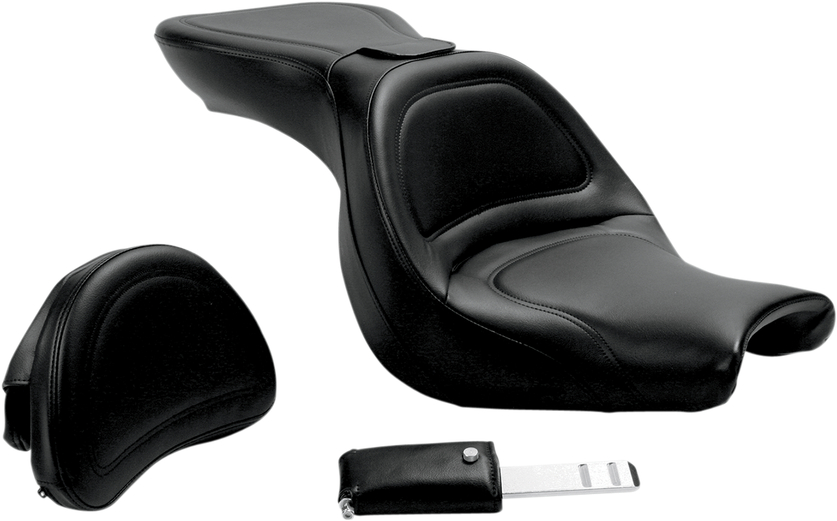 Black SADDLEMEN Explorer seat with stitched design and backrest, compatible with V750 Aero motorcycles.
