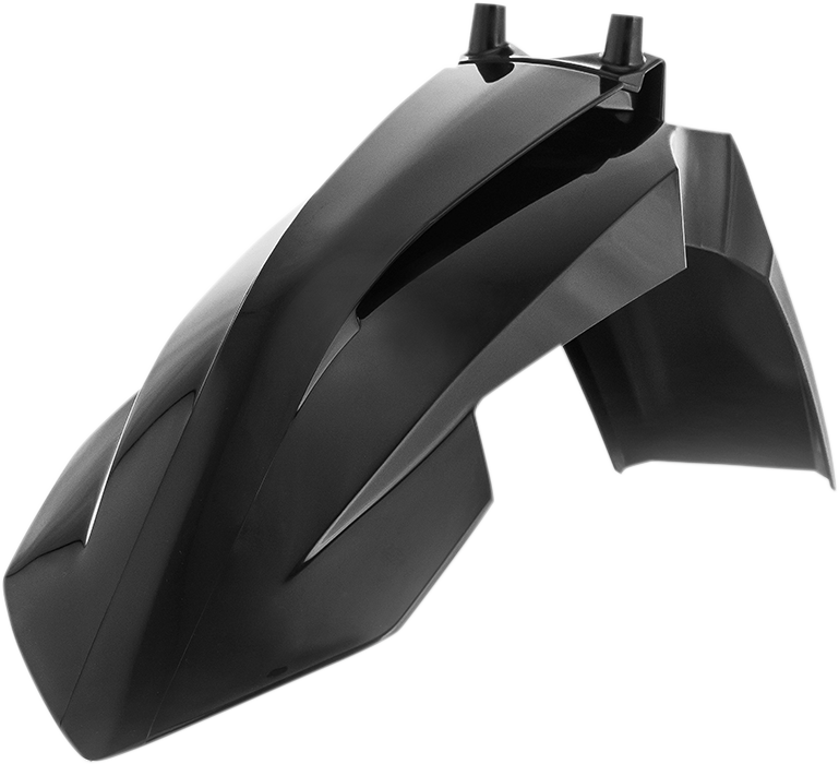 Acerbis black front fender for motorcycle, body part with sleek design, compatible with various models, shown in the image.