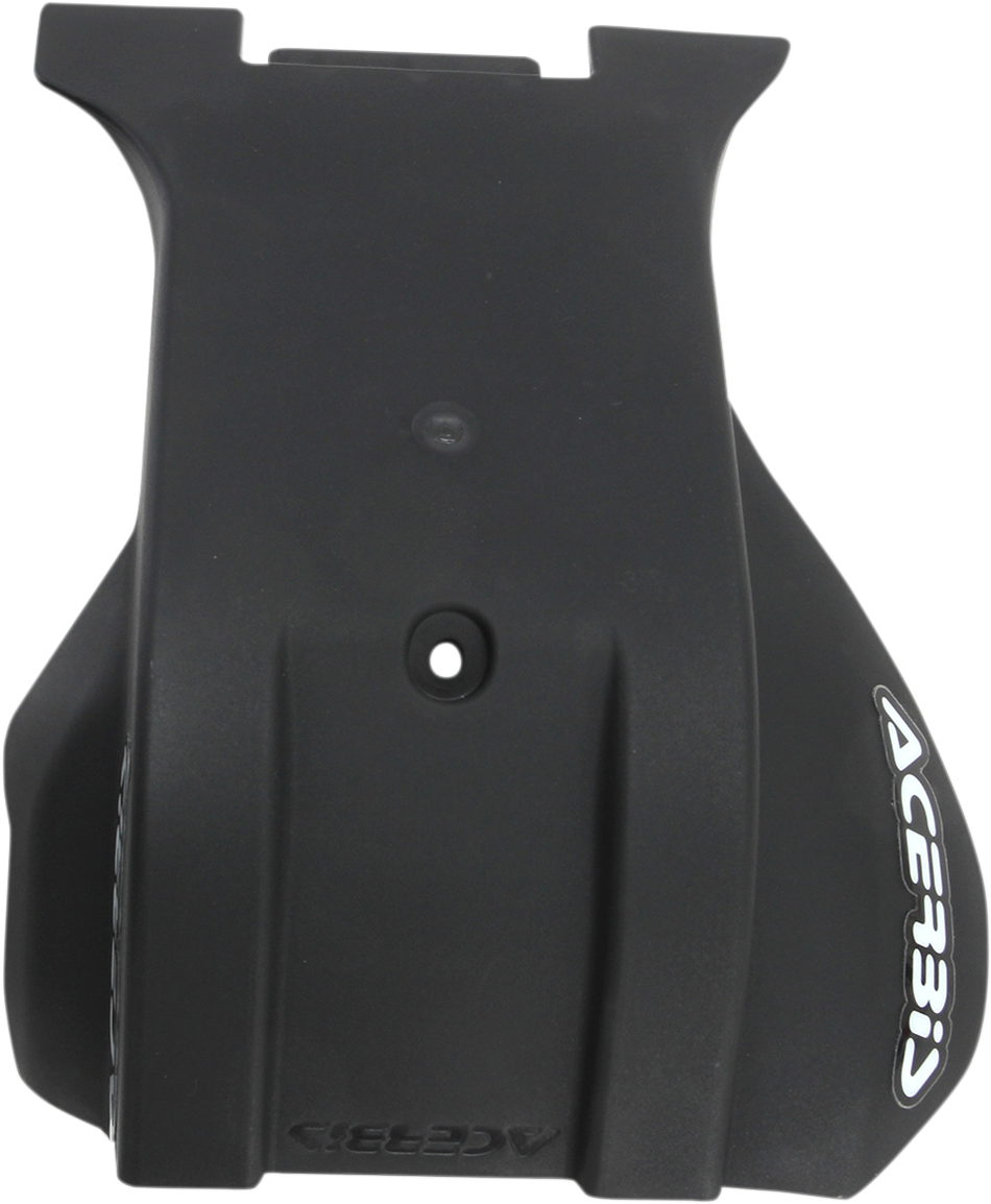 A black Acerbis MX skid plate mounted on a motorcycle frame, providing protection for the bike's underside.