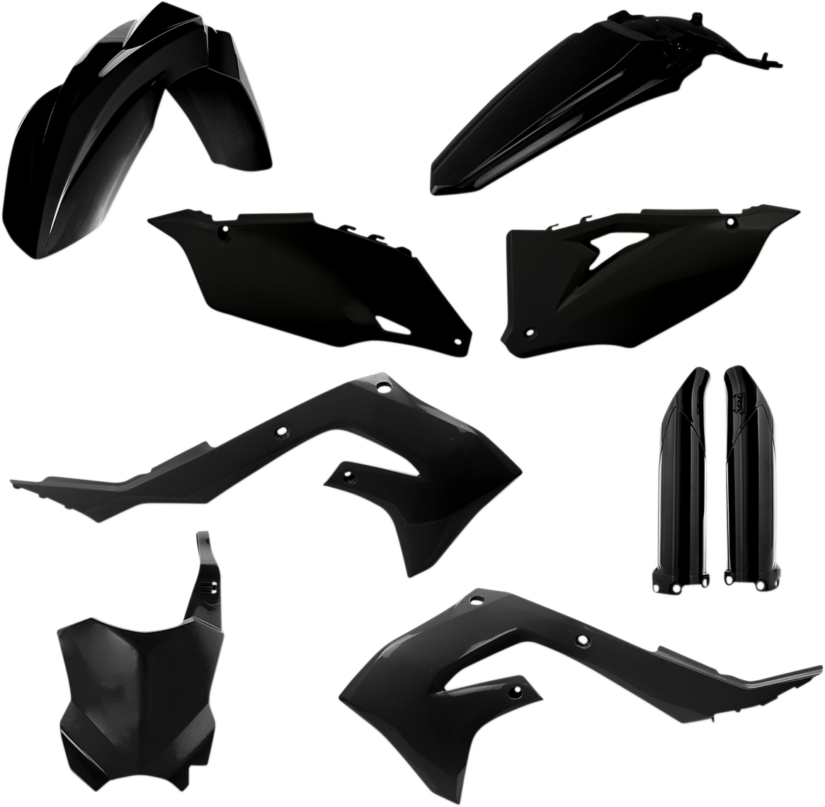 Acerbis full black motorcycle body kit with replacement panels, designed for custom fit and sleek appearance.