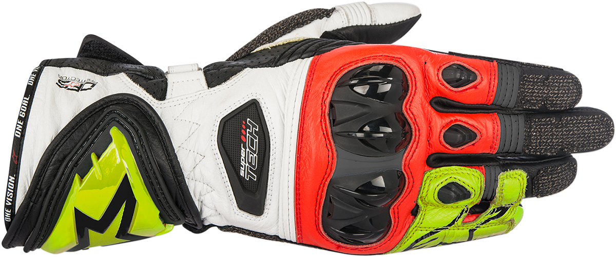 Alpinestars Supertech motorcycle gloves in black, fluo yellow, and red, size 3XL, featuring protective armor and breathable material.