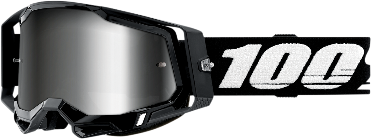 Bill's Exhausts 100% Racecraft 2 goggles in black with silver mirror lens, featuring a sleek aerodynamic design and adjustable strap.