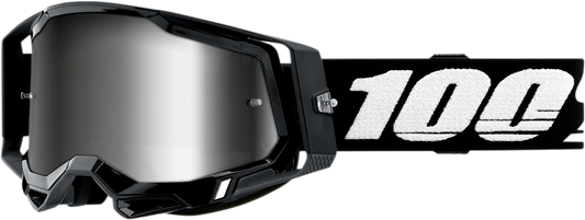 Bill's Exhausts 100% Racecraft 2 goggles in black with silver mirror lens, featuring a sleek aerodynamic design and adjustable strap.