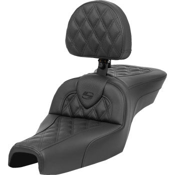 Bill's Exhausts SADDLEMEN Roadsofa™ XL motorcycle seat with backrest, lattice stitch design, and durable construction.