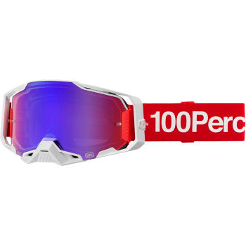Bill's Exhausts 100% Armega Goggle Corbin with red/blue mirror lens, sporty motocross eyewear, adjustable strap and protective design.