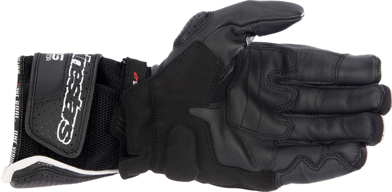 Alpinestars SP-8 V3 Air motorcycle gloves in black, white, and bright red, large size, showing the protective design and brand logo.