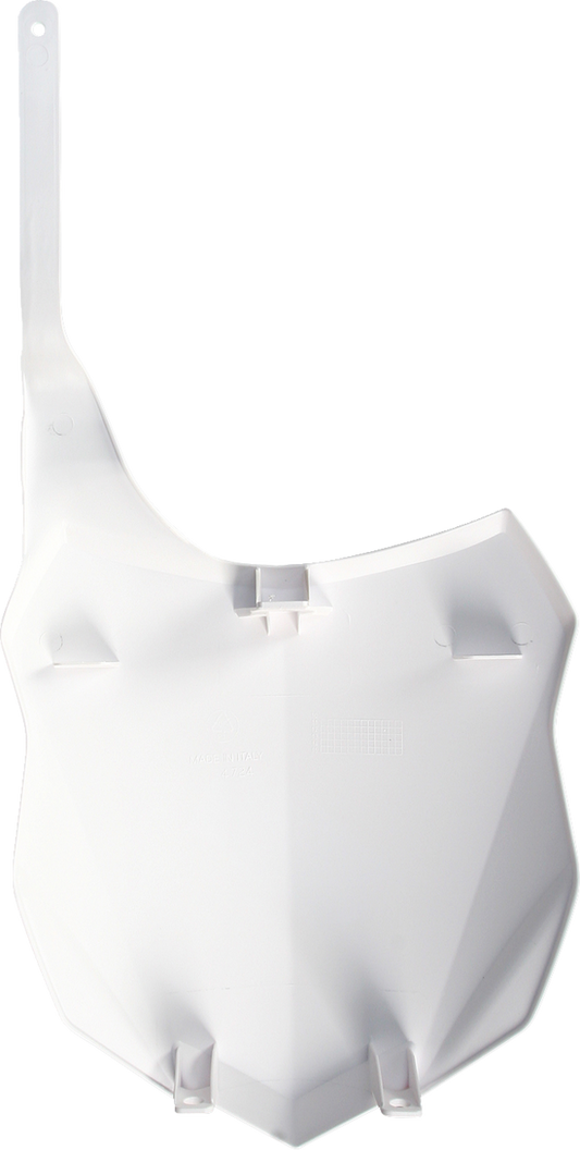 White ACERBIS front number plate for motorcycle, designed with body mounting features, in a close-up image.
