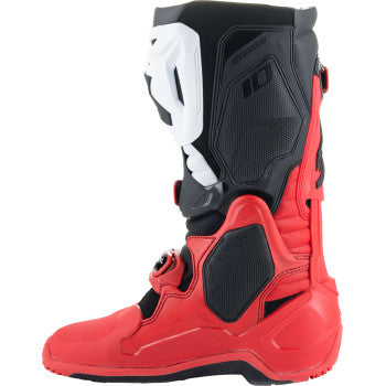 Alpinestars Tech 10 Enduro Boots in bright red, black, and white with protective features, size US 14, on a plain background.