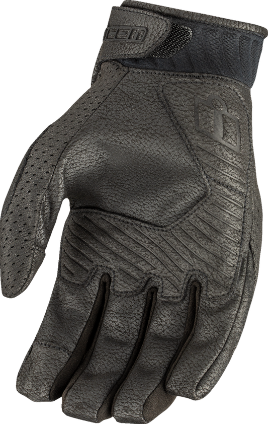 Black ICON Overlord3â„¢ gloves in 2XL size by Bill's Exhausts, showing the textured surface and snug fit design.