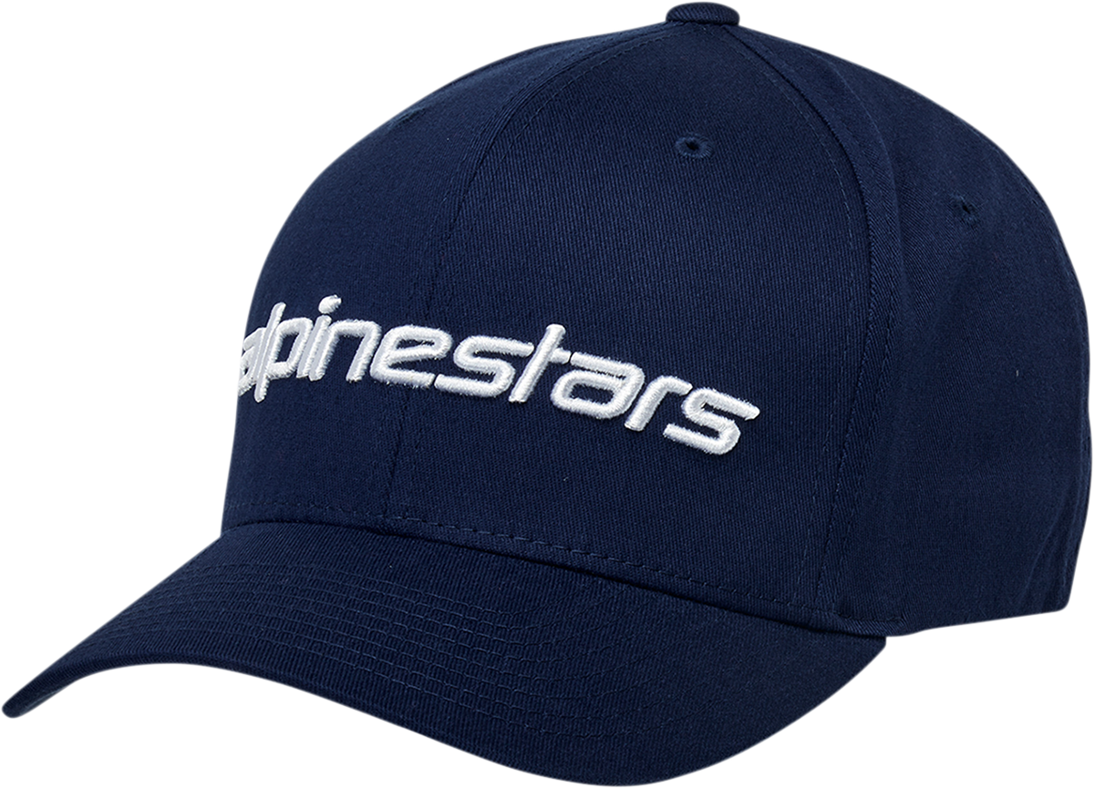 Alpinestars Linear Hat in navy and white, small/medium size, featuring protective gear branding and sporty design.