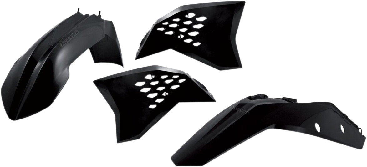 A black Acerbis standard replacement body kit for motorcycles, designed for durable fit and sleek appearance.