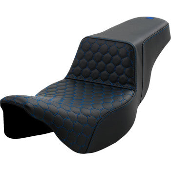 Blue stitching SADDLEMEN Step-Up Seat with honeycomb pattern and extended reach for FL models 2008-2023, by Bill's Exhausts.