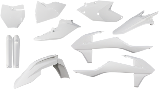 A white Acerbis full replacement body kit for a motorcycle, shown on a clean background, with detailed panels and smooth finish.