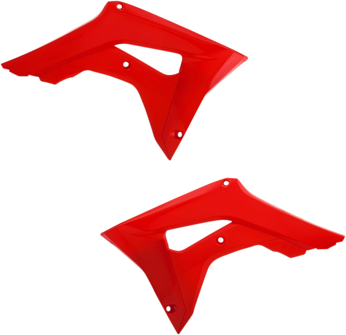Red ACERBIS radiator shrouds for CRF motorcycle, mounted on the body, with detailed fins and branding visible.