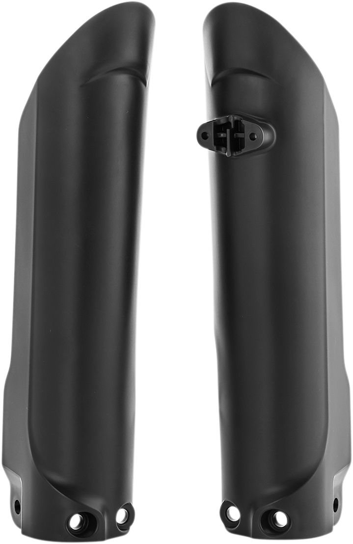 Black Acerbis lower fork covers for inverted forks, designed to protect and enhance the look of motorcycle front suspension.