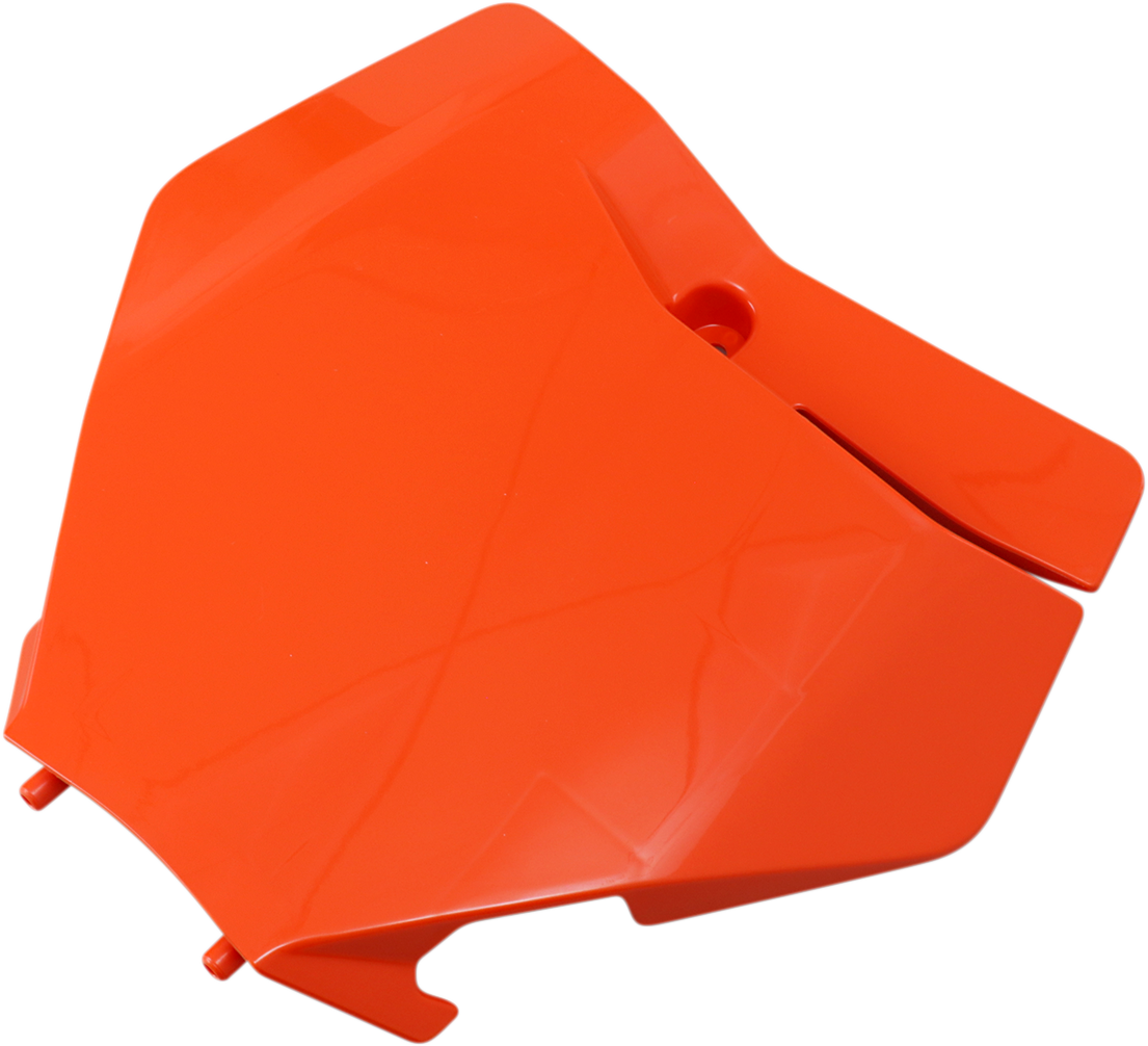 Acerbis front number plate in orange with body design, mounted on a motorcycle, featuring the '16 model and branding details.