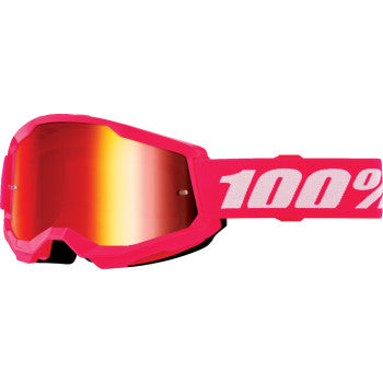 Pink junior goggles with red mirror lens, 100% Strata 2 model, featuring a sleek design for youth sports or outdoor activities.