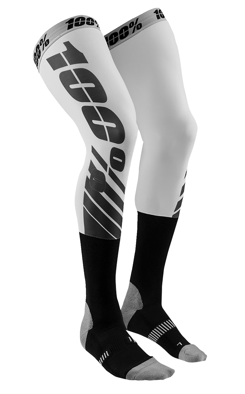 Bill's Exhausts 100% REV Knee Brace Performance Moto Socks in small/medium with reinforced design and sporty style.