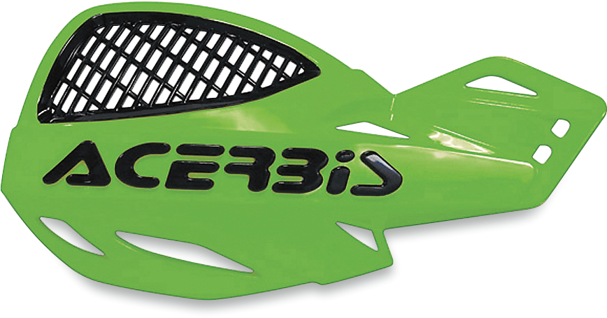 A set of green ACERBIS Uniko vented handguards with body protection for motorcycle handlebars.